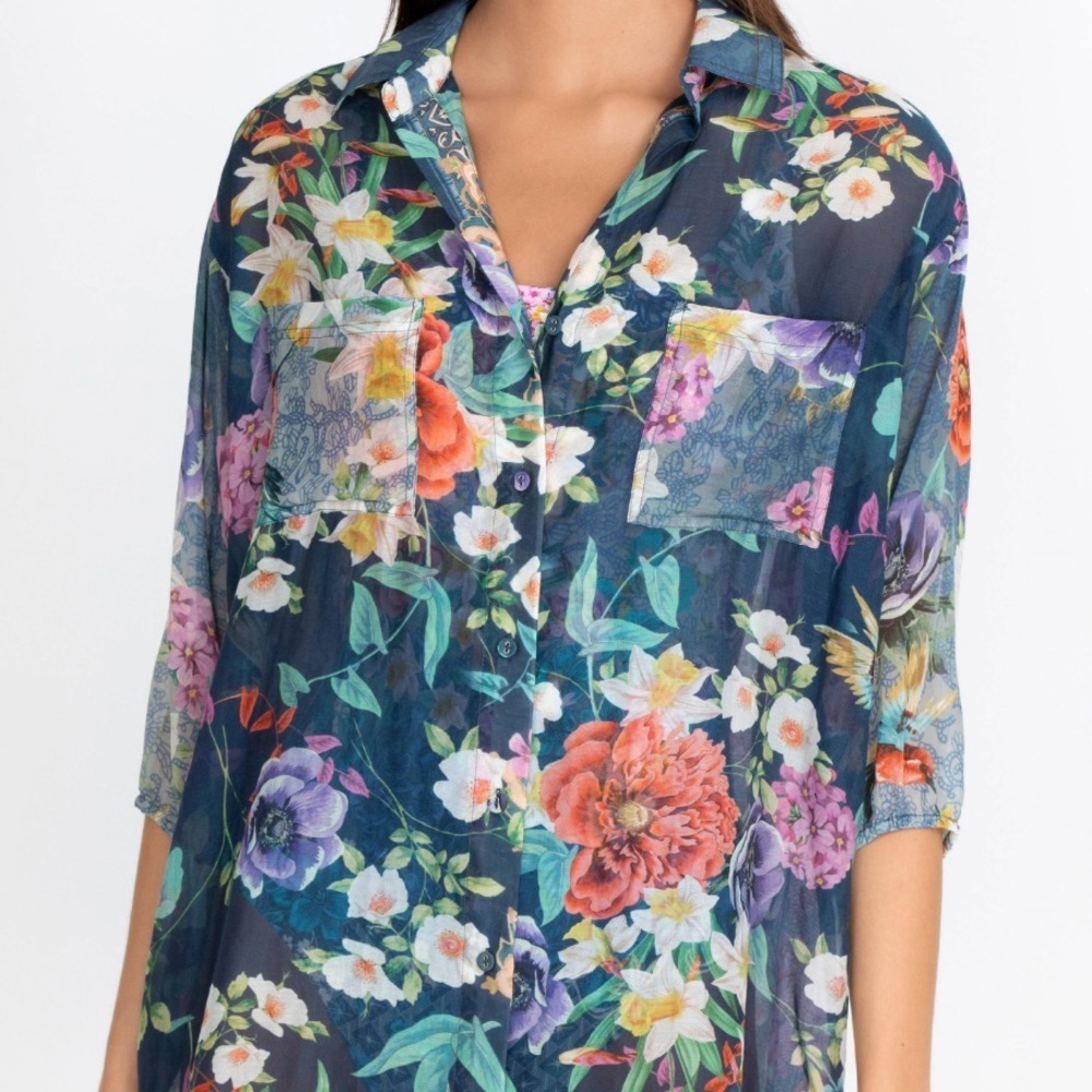 Johnny Was Paria Shirt Dress Women XS Button Up Floral Silk Blend Hummingbird